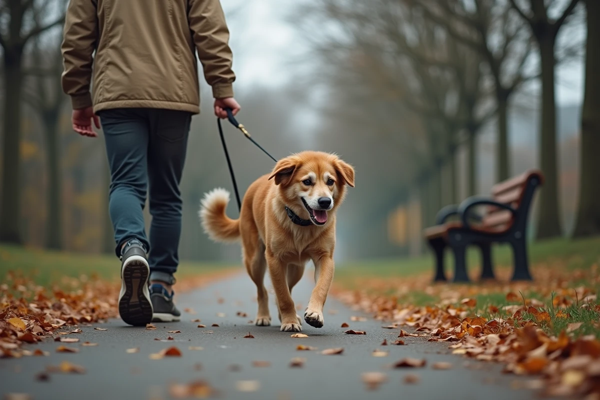 Homme âgé promenant son vieux chien fragile en laisse dans un parc en automne, illustration de l'assurance animaux adaptée aux animaux seniors
