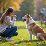 Jeune femme dans un parc urbain avec un chien distrait