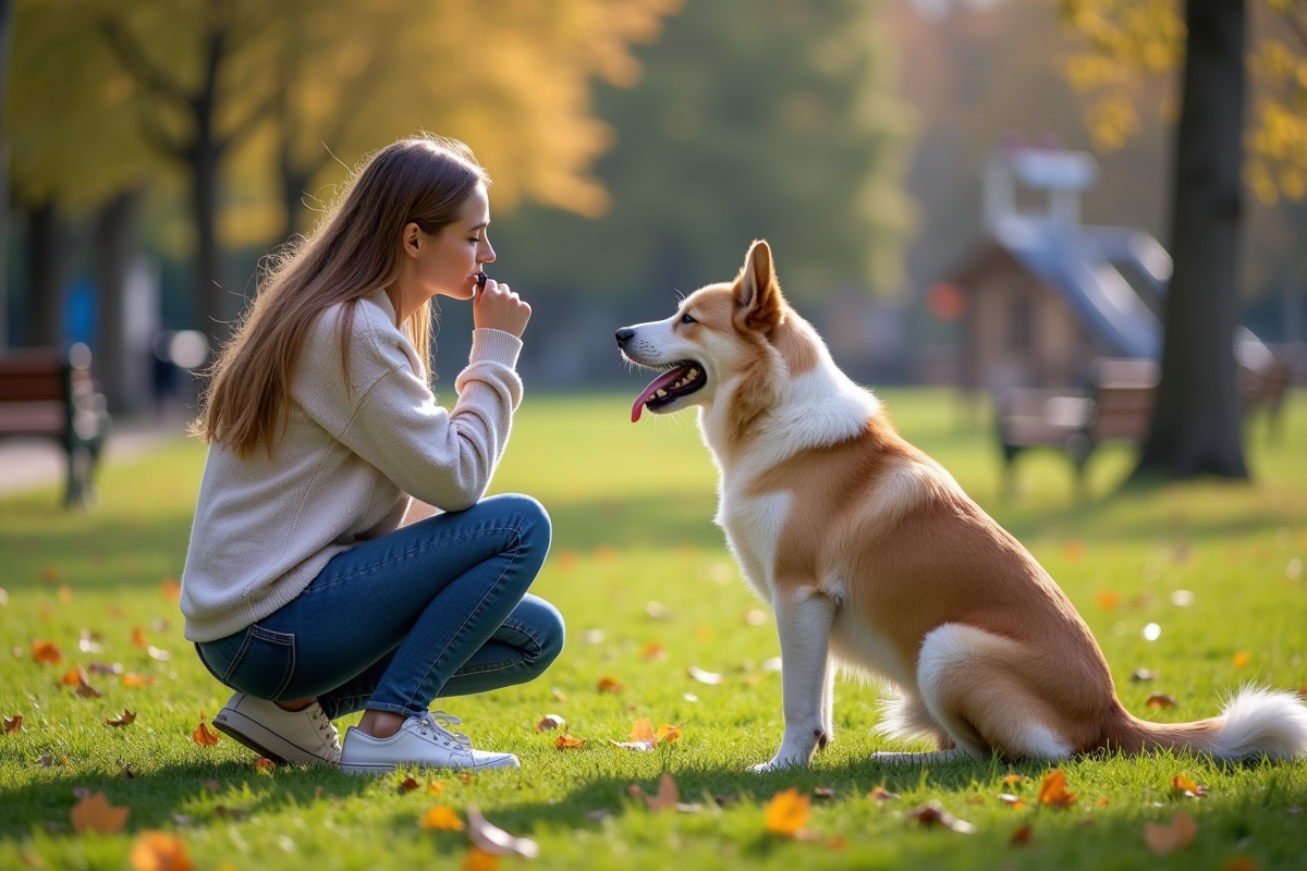 Jeune femme dans un parc urbain avec un chien distrait