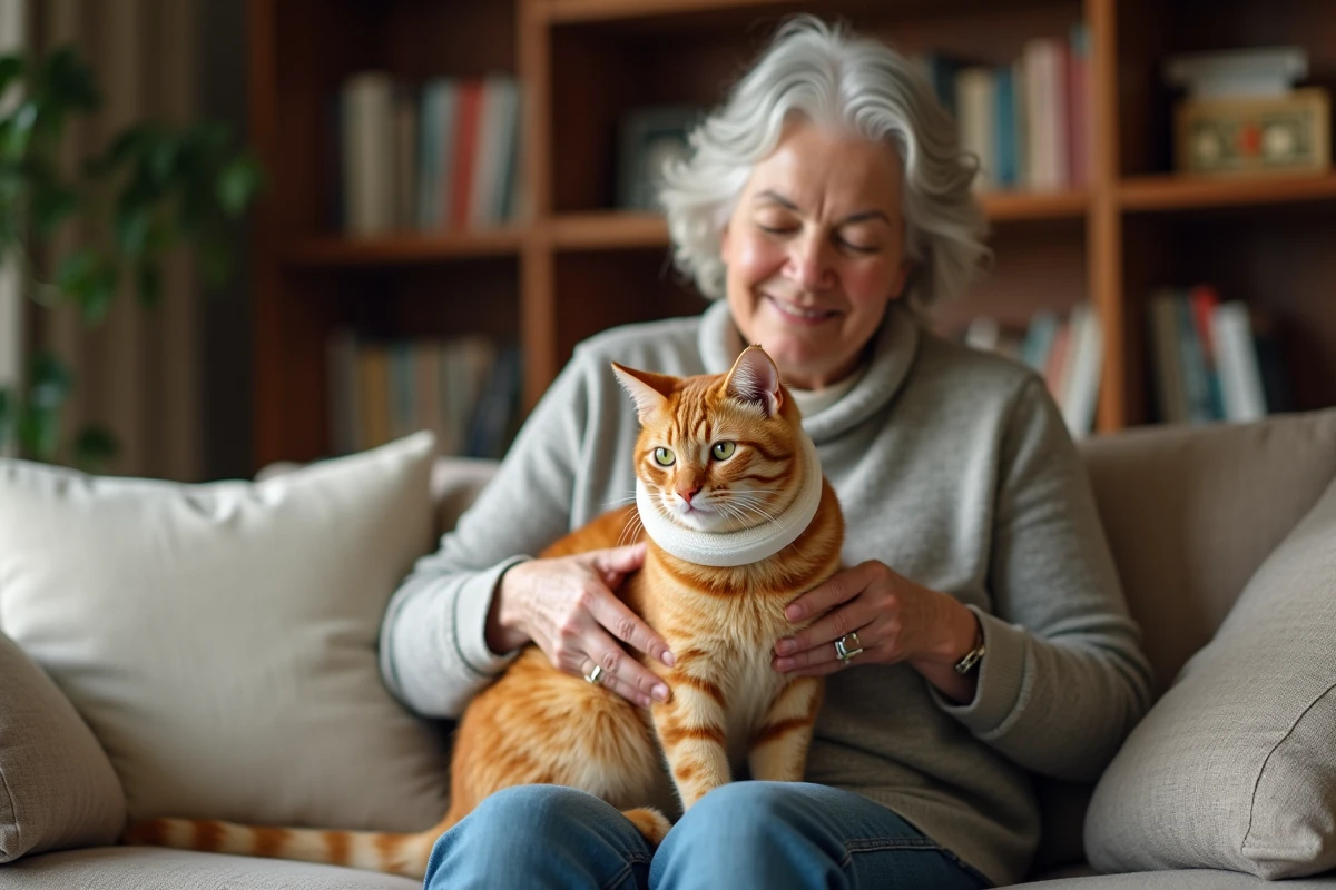 Femme ajustant une collerette douce sur son chat roux assis sur un canapé dans un salon chaleureux
