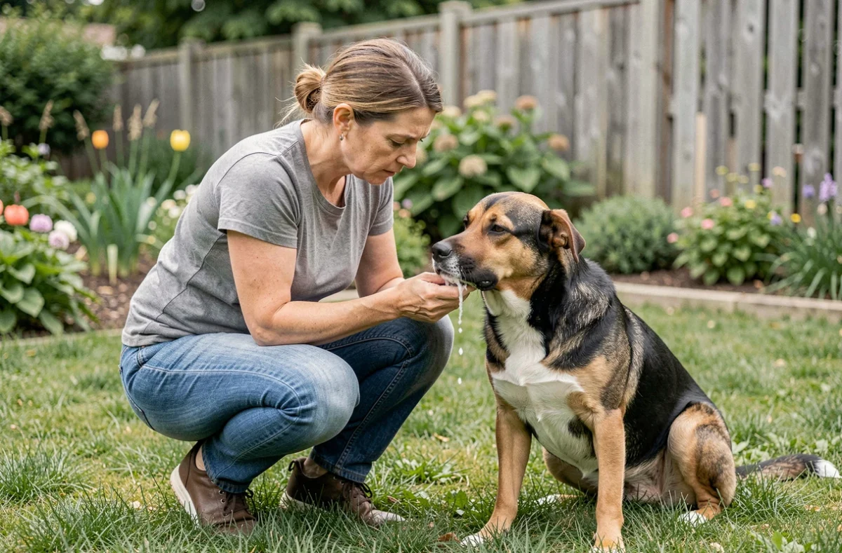 Femme examinant calmement son chien qui bave de la mousse blanche dans un jardin extérieur