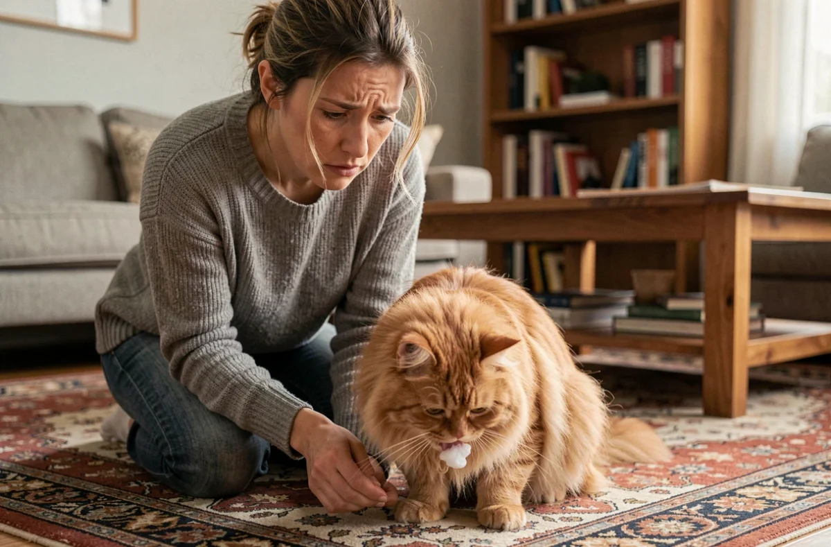 Femme inquiète observant son chat persan orange qui vomit de la mousse blanche sur un tapis de salon