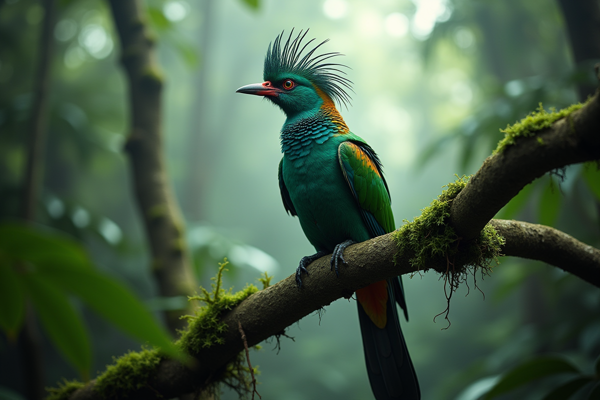 Quetzal perché sur une branche dans la forêt humide