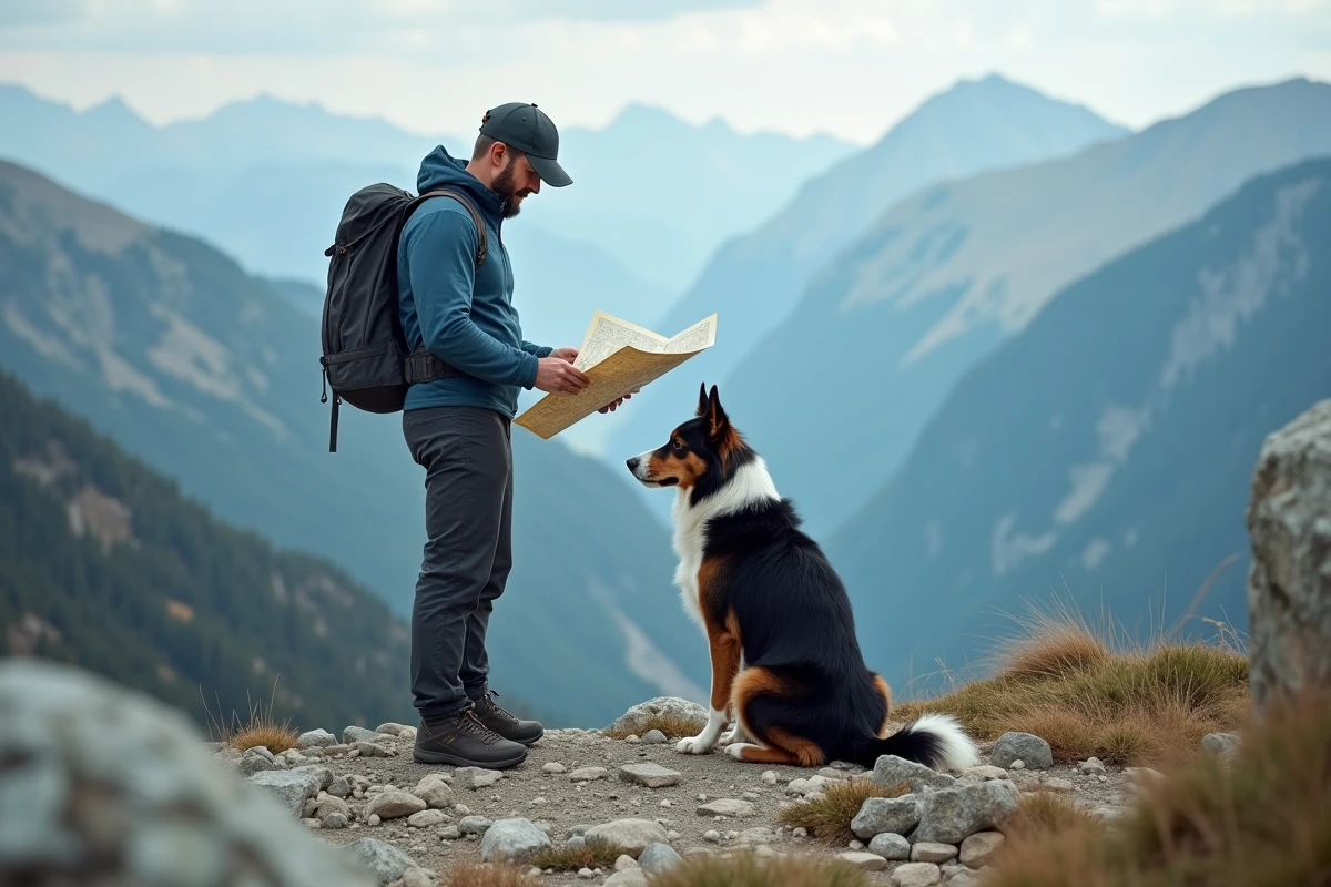 Randonneur et son border collie au sommet d'un panorama montagneux consultant une carte topographique papier