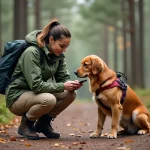 Randonneuse accroupie avec son golden retriever sur un sentier forestier, consultant une application de randonnée sur smartphone