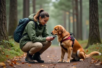 Randonneuse accroupie avec son golden retriever sur un sentier forestier, consultant une application de randonnée sur smartphone