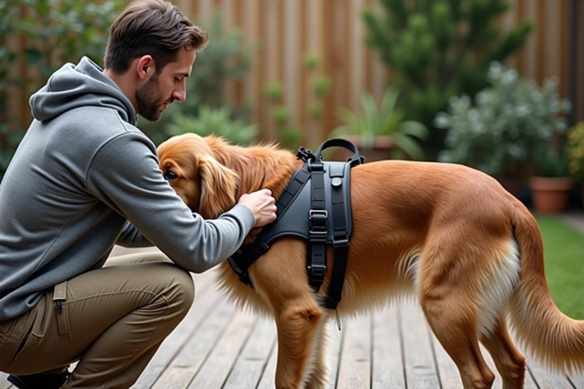 Homme réglant un harnais rembourré sur la poitrine d'un Golden Retriever dans un jardin résidentiel