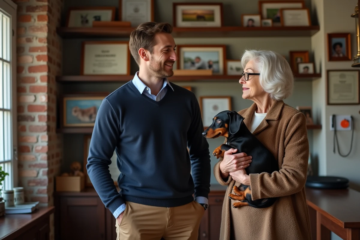 Homme et femme discutant avec un chien dans un bureau