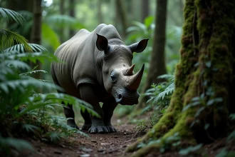 Rhinocéros de Java dans la forêt tropicale dense, espèce la plus rare du monde selon l'UICN