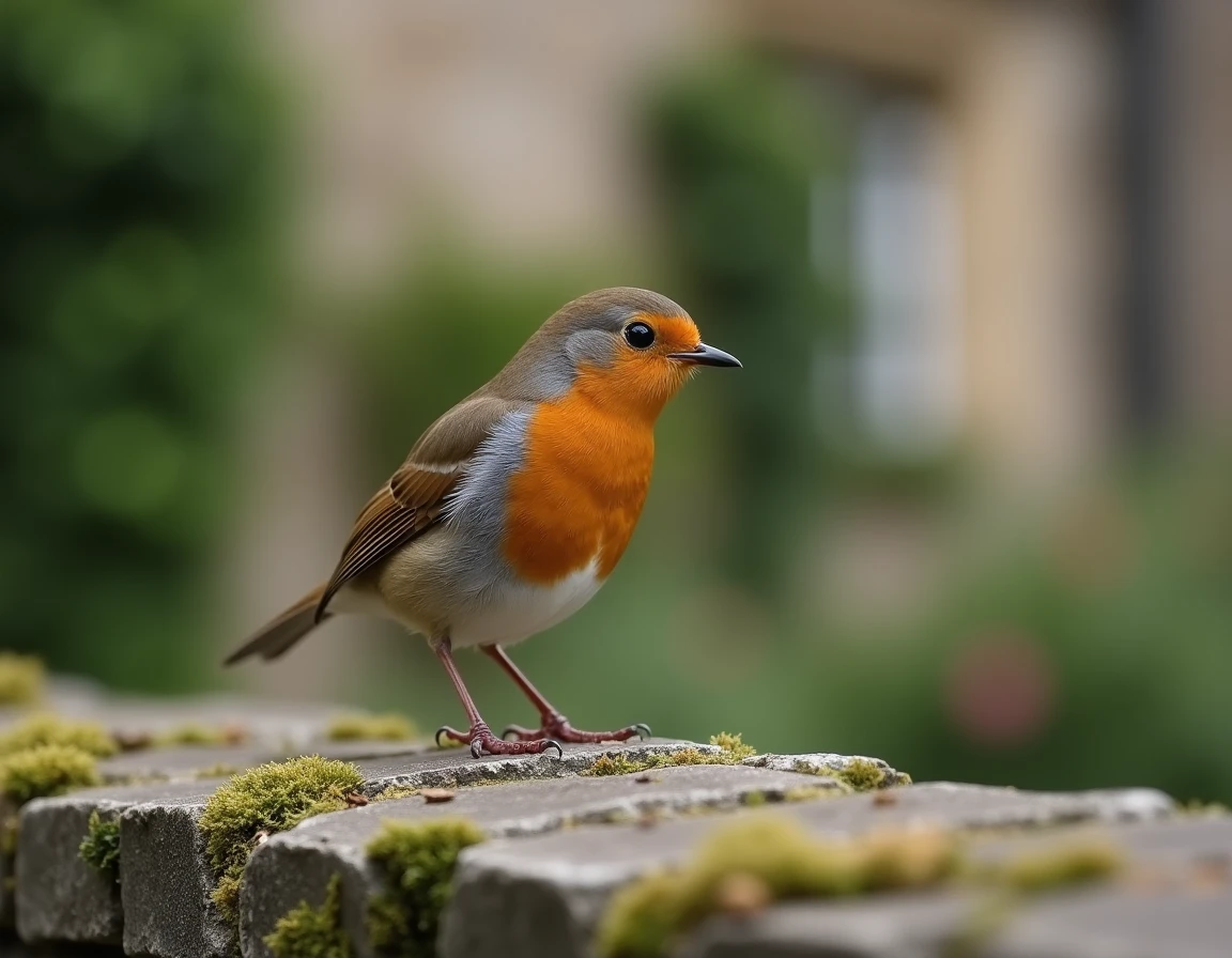 Rouge-gorge sur un muret de pierre moussu dans un jardin de campagne française, oiseau emblématique du folklore européen