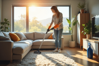 Salon moderne avec femme nettoyant un canapé lumineux