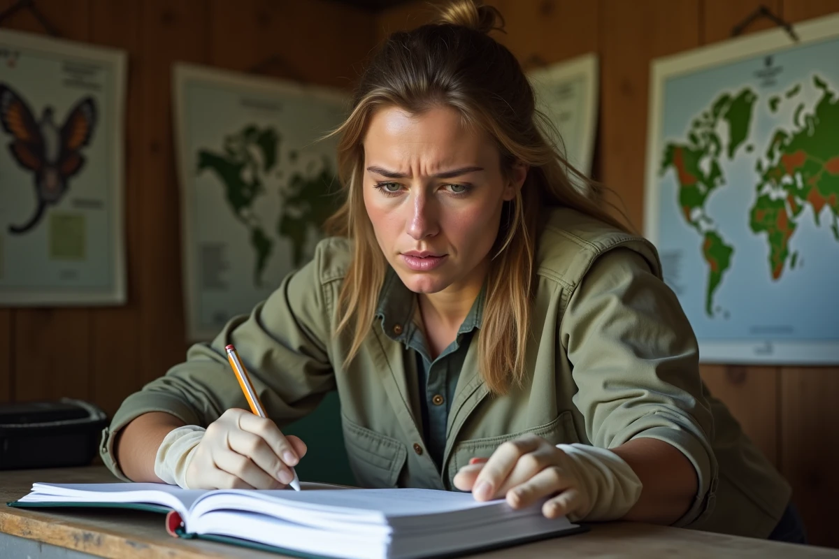 Scientifique examinant la liste rouge de l'UICN dans une station de recherche sur la biodiversité
