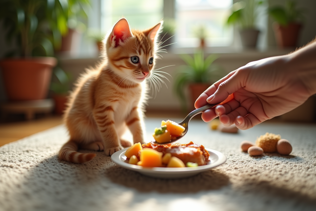 Main donnant un repas coloré à un chaton roux sur un tapis douillet
