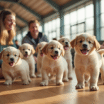 Vive show canin intérieur avec chiots et visiteurs