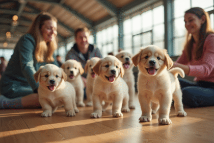 Vive show canin intérieur avec chiots et visiteurs