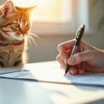 Main signant un contrat d'assurance avec un chat curieux à côté