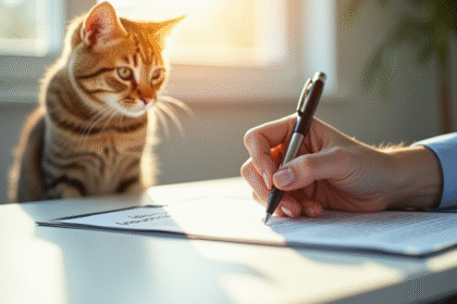 Main signant un contrat d'assurance avec un chat curieux à côté