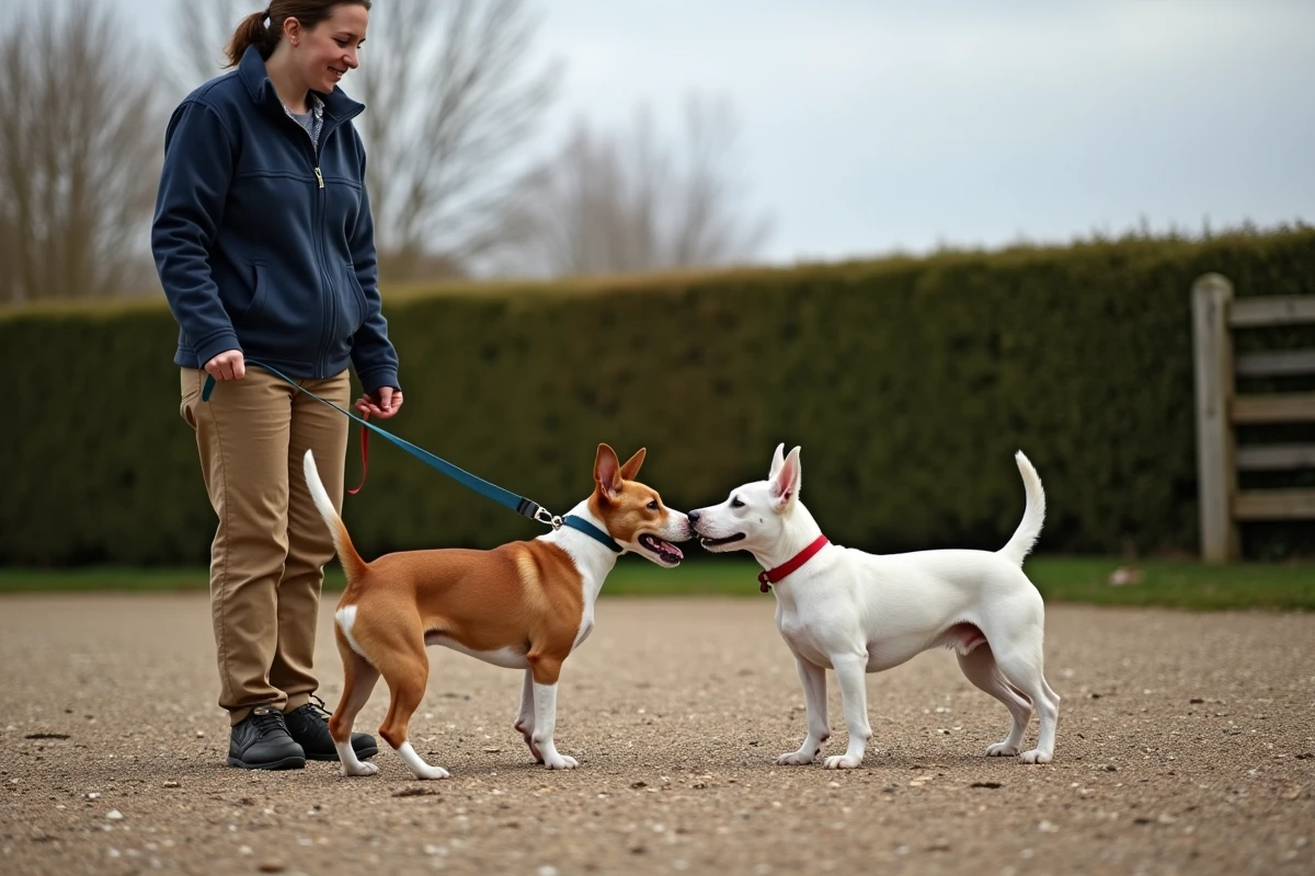 Éducatrice canine supervisant la socialisation de deux Fox Terriers à poil court lors d'une séance d'entraînement en plein air