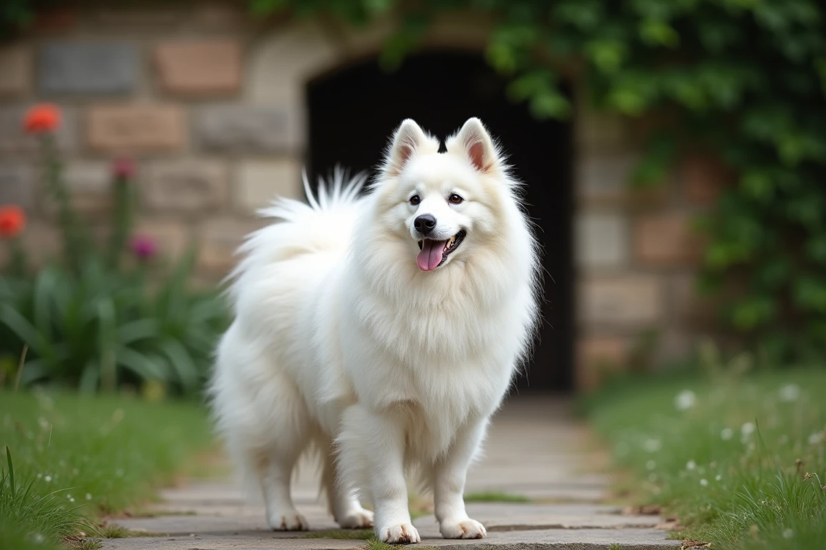 Spitz allemand blanc au pelage épais debout sur un chemin en pierre dans un jardin de campagne