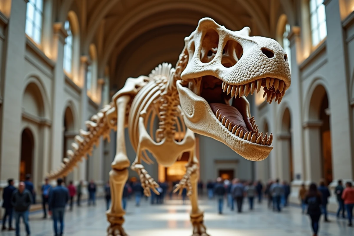 Squelette complet de Tyrannosaurus Rex exposé dans un grand hall de musée d'histoire naturelle
