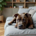 Staffordshire Bull Terrier allongé paisiblement sur un canapé dans un appartement moderne