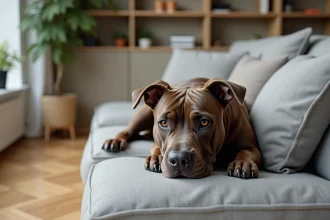 Staffordshire Bull Terrier allongé paisiblement sur un canapé dans un appartement moderne