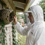 Technicien en combinaison de protection inspectant un grand nid de frelons asiatiques sous la toiture d'une maison