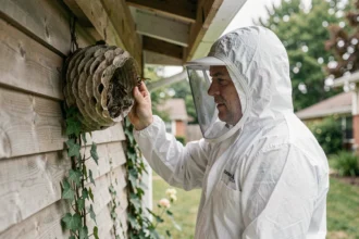 Technicien en combinaison de protection inspectant un grand nid de frelons asiatiques sous la toiture d'une maison
