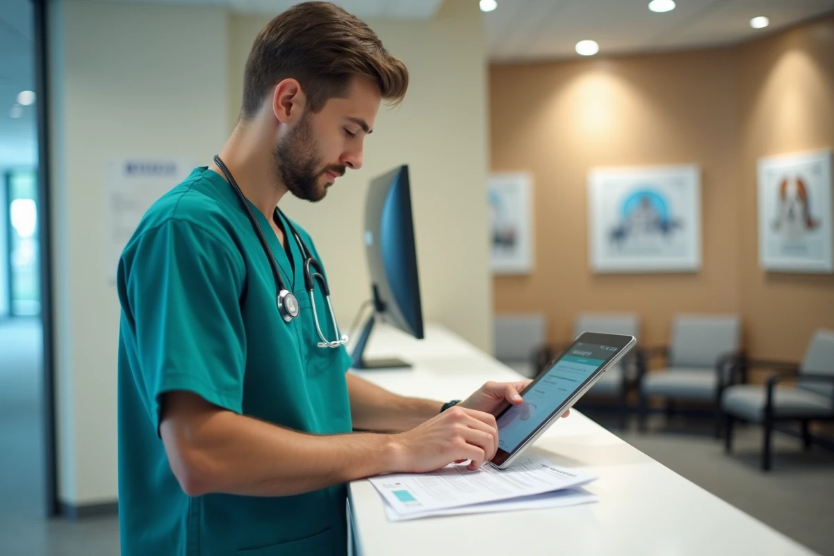 Technicien vétérinaire consultant les protocoles sur une tablette au comptoir d'accueil d'une clinique vétérinaire