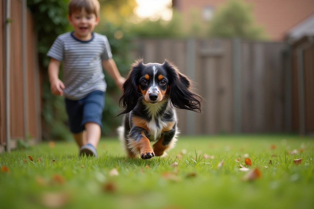 Teckel nain arlequin jouant dans le jardin avec un enfant en plein air