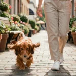 Femme promenant un teckel nain à poil long dans une rue urbaine ensoleillée