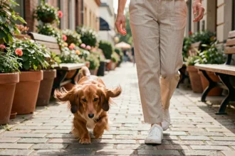 Femme promenant un teckel nain à poil long dans une rue urbaine ensoleillée