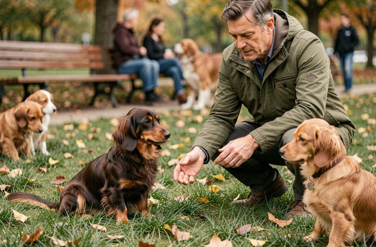 Teckel nain à poil long en séance de socialisation avec d'autres chiens dans un parc