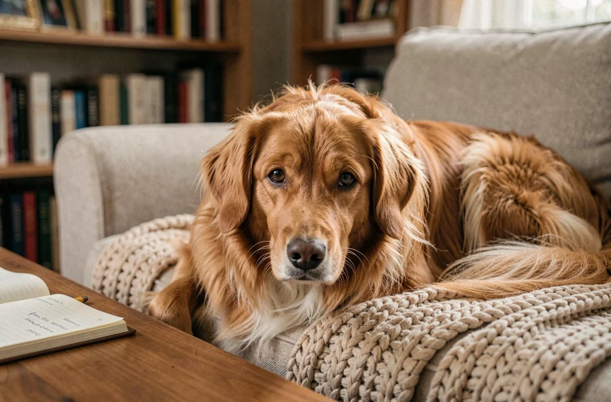 Portrait rapproché d'un Tequel à poil long allongé sur un canapé, évoquant les frais annuels d'entretien et de budget pour ce chien
