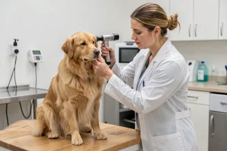 Vétérinaire examinant un Tequel à poil long sur une table de consultation dans une clinique vétérinaire moderne