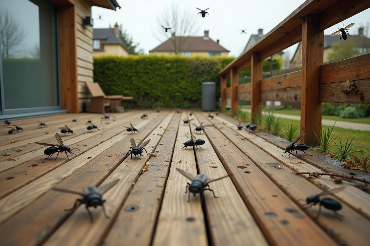 Vue large d'une terrasse en bois infestée d'insectes noirs volants avec des signes de dégâts visibles sur la structure