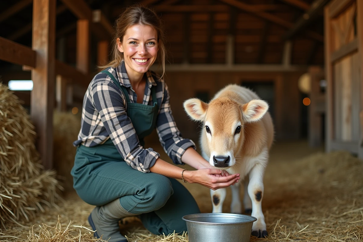 Fermière pratiquant la traite manuelle d'une mini vache fluffy dans une grange en bois rustique