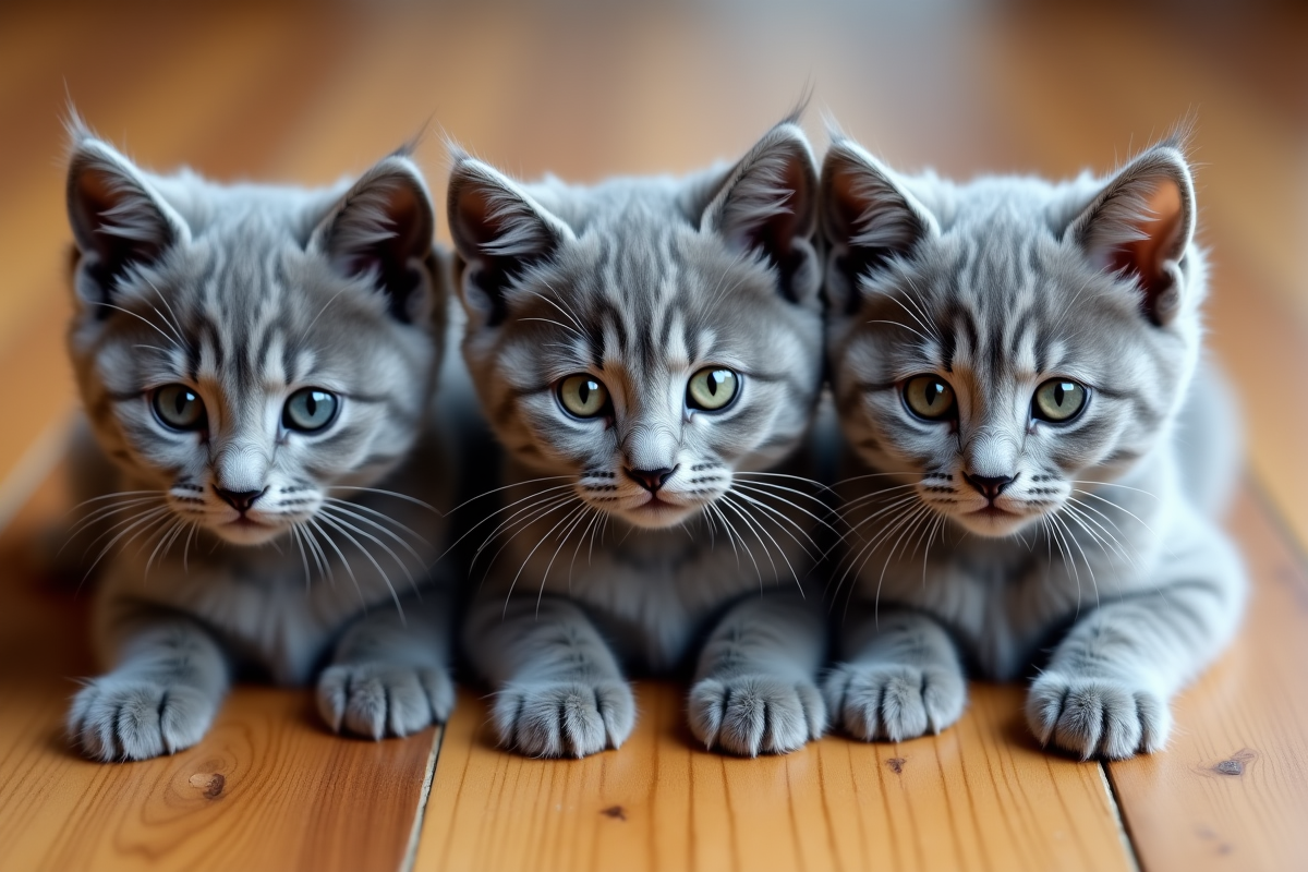 Trois chatons gris différents allongés sur le sol en bois