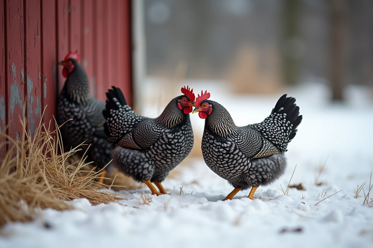 Groupe de poules Plymouth Rock en liberté dans une basse-cour enneigée en saison hivernale