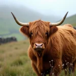 Vache Highland au pelage roux et touffu debout dans une prairie écossaise brumeuse avec des collines verdoyantes en arrière-plan