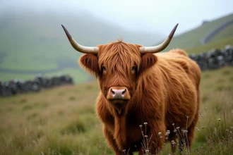 Vache Highland au pelage roux et touffu debout dans une prairie écossaise brumeuse avec des collines verdoyantes en arrière-plan