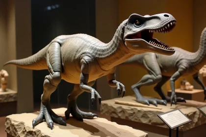 Modèle détaillé de Velociraptor dans un musée d'histoire naturelle avec plumes et griffes réalistes