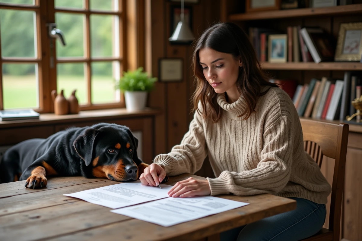 Future propriétaire de Rottweiler vérifiant les documents officiels de santé et de pedigree avec un éleveur dans un bureau authentique