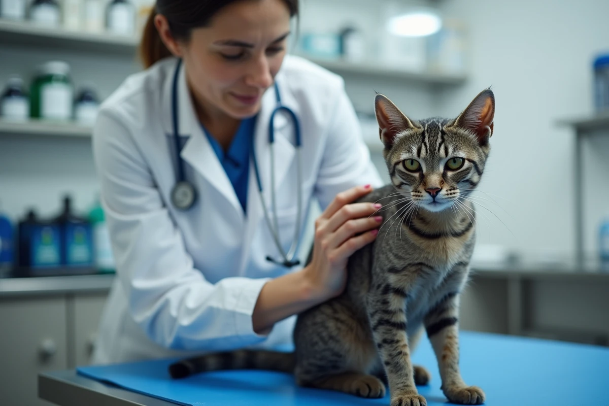 Vétérinaire examinant un vieux chat gris fragile sur une table de consultation, contexte d'assurance santé animale pour animaux âgés
