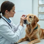 Vétérinaire en blanc posant une lentille sur l'œil d'un chien