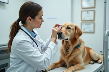 Vétérinaire en blanc posant une lentille sur l'œil d'un chien