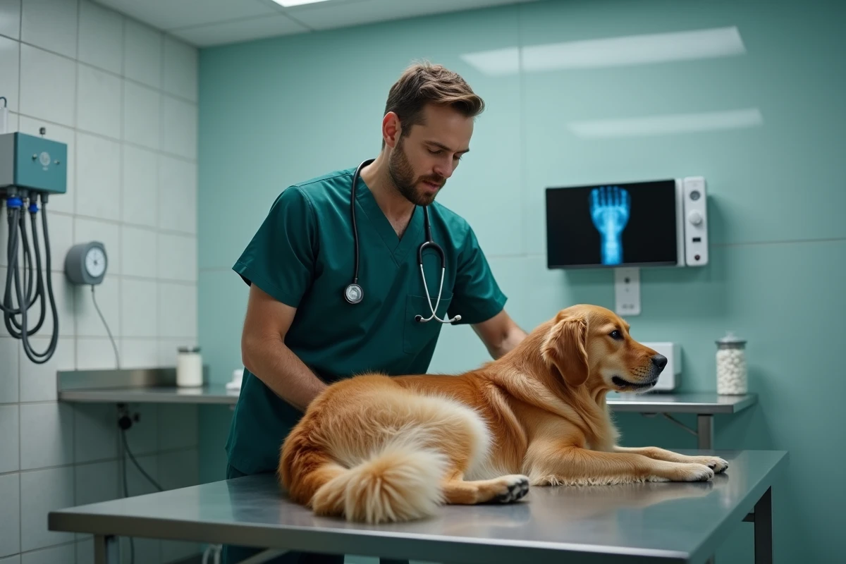 Vétérinaire homme examinant un golden retriever dans une salle de consultation moderne, symbolisant le quotidien professionnel et l'équilibre entre passion et exigence du métier