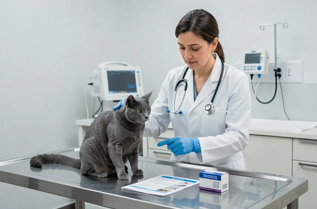 Vétérinaire en blouse blanche examinant une chatte grise dans une clinique vétérinaire avec une notice de contraceptif félin