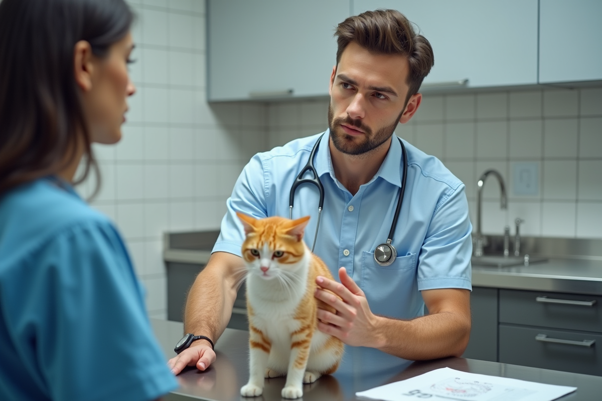 Vétérinaire expliquant la prévention avec un chat en consultation