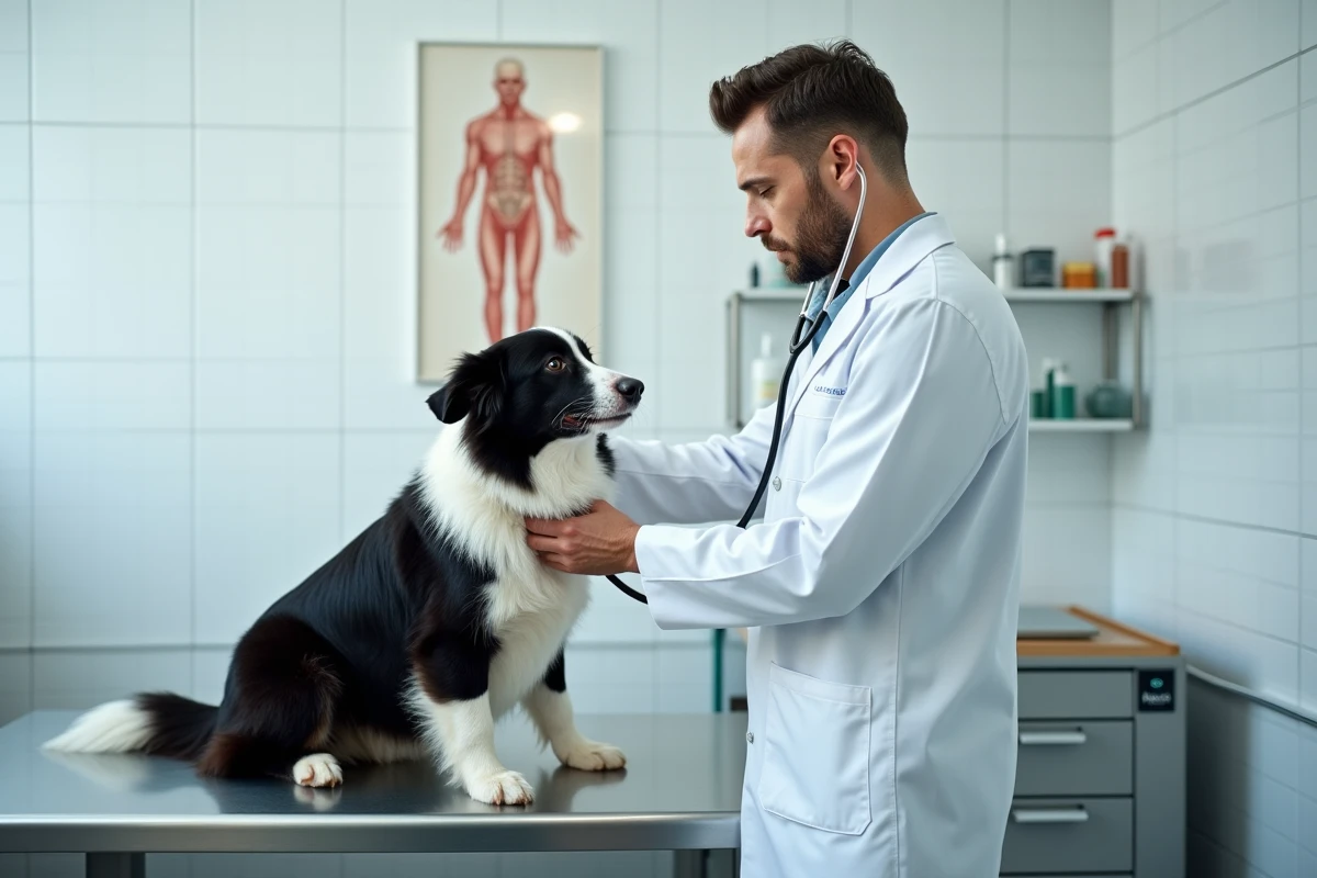 Vétérinaire examinant un border collie sur une table d'auscultation dans une clinique vétérinaire moderne